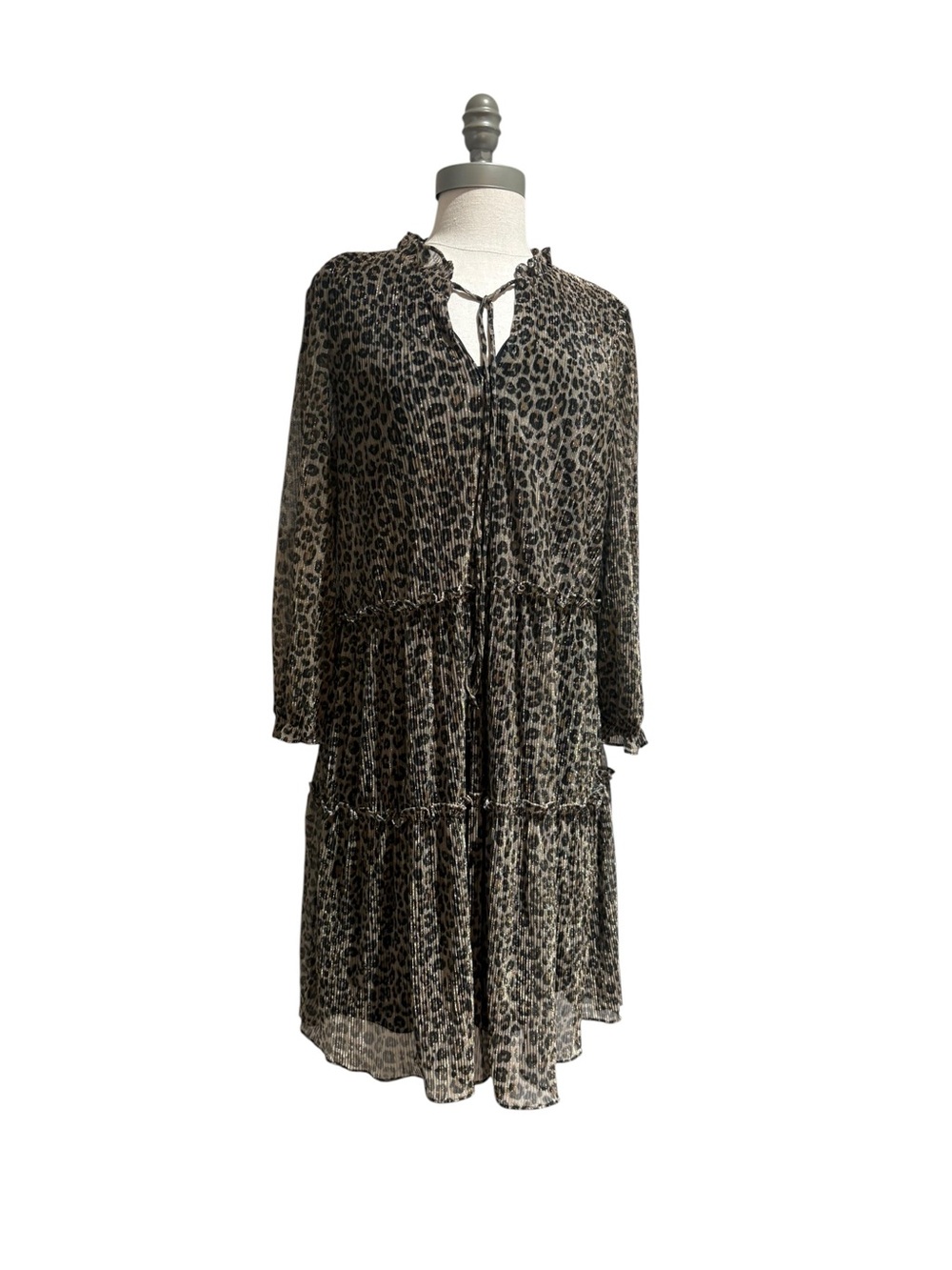 Just Taylor Leopard Print Tiered Ruffle Chiffon Dress Long Sleeve Size 14